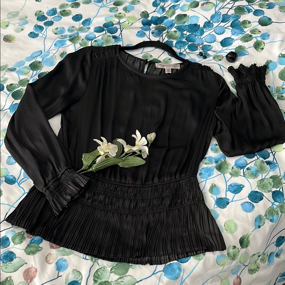 CATHERINE MALANDRINO Black Pleated Long Sleeve Blouse - NWT